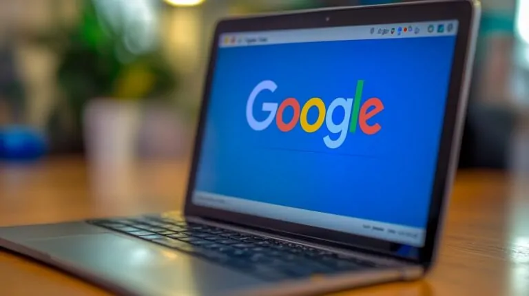 A laptop displaying the Google homepage, symbolizing search engine optimization and digital marketing