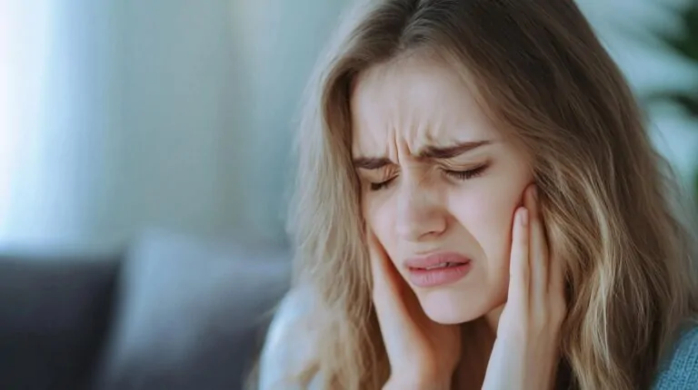 A young woman with long blonde hair holding her jaw in pain, possibly experiencing a toothache or dental issue