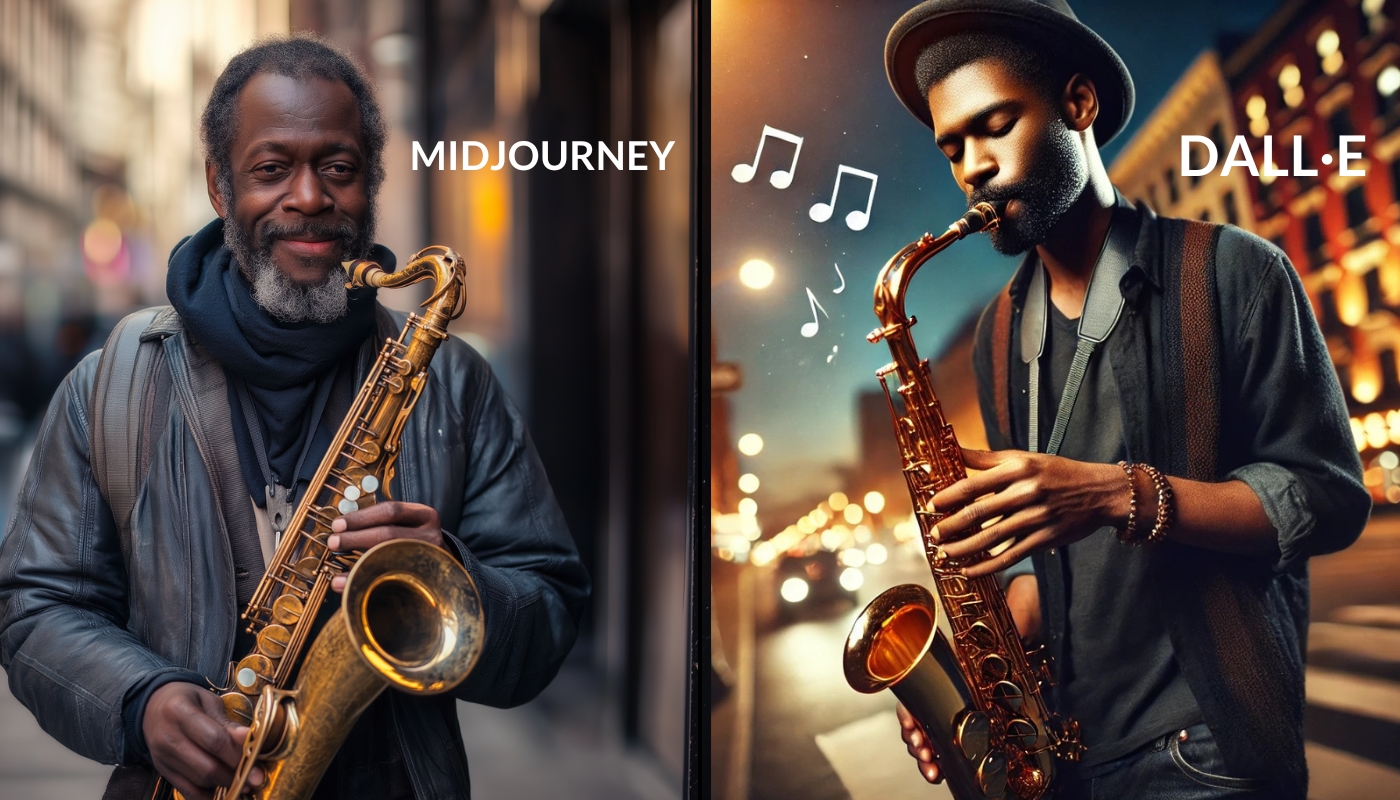 A side-by-side comparison of AI-generated images, with the left labeled "MIDJOURNEY" depicting a realistic older man holding a saxophone on a city street, and the right labeled "DALL·E" showing a stylized young musician playing the saxophone at night with floating musical notes