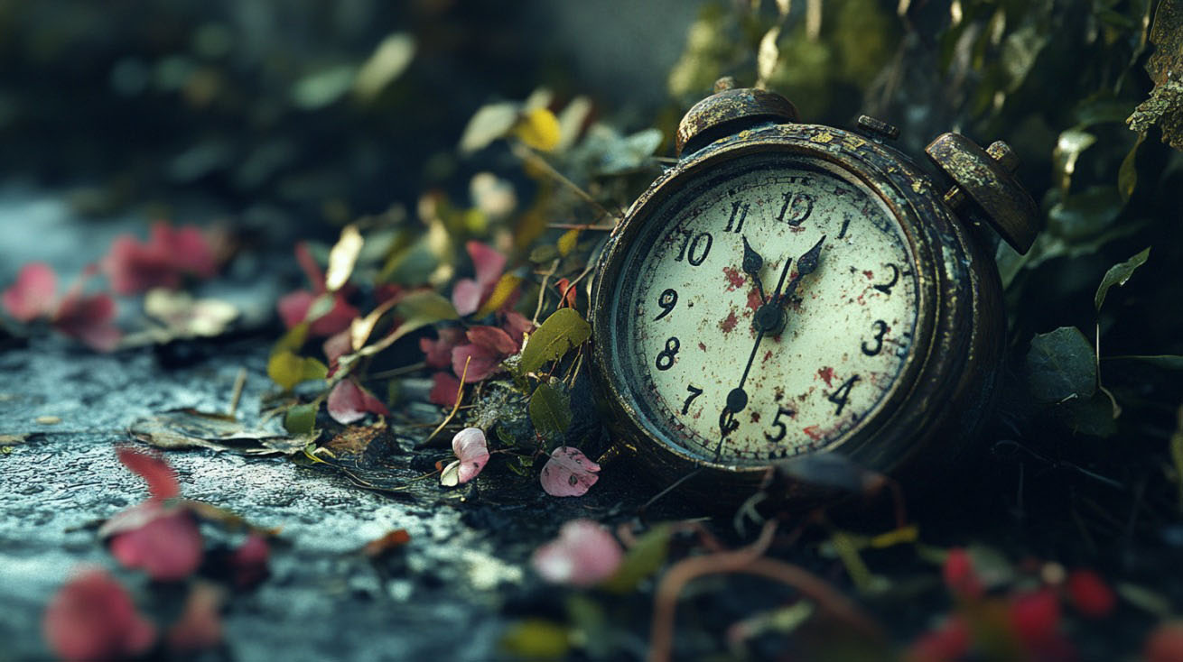 Close-up of an old, weathered alarm clock lying on the ground surrounded by leaves and petals