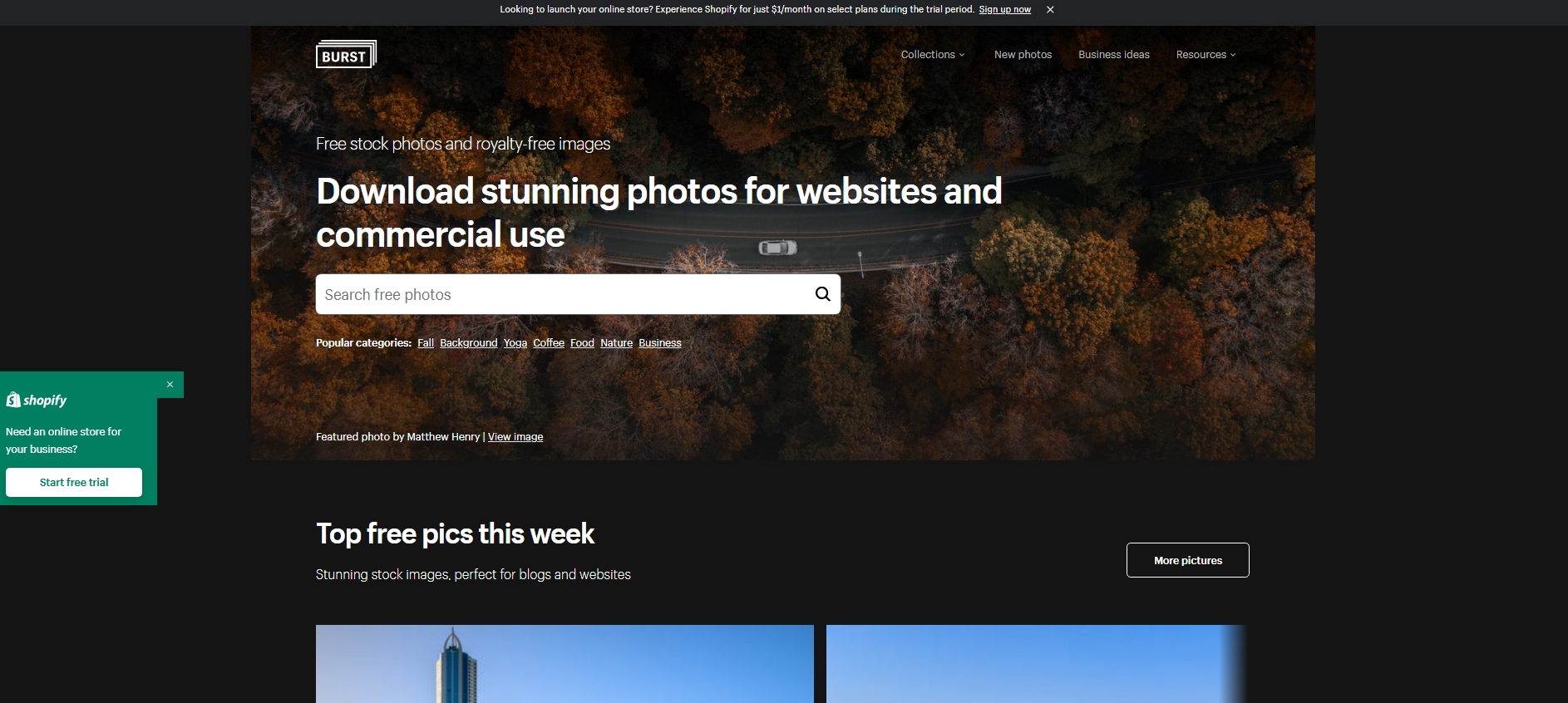 Burst by Shopify homepage showcasing a top-down view of a car on a forest road with image categories and search bar