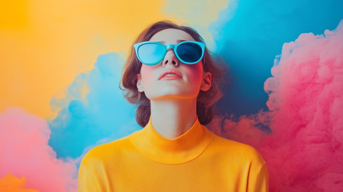 Stylish woman in a yellow sweater and blue sunglasses against a vibrant background of yellow, blue, and pink clouds