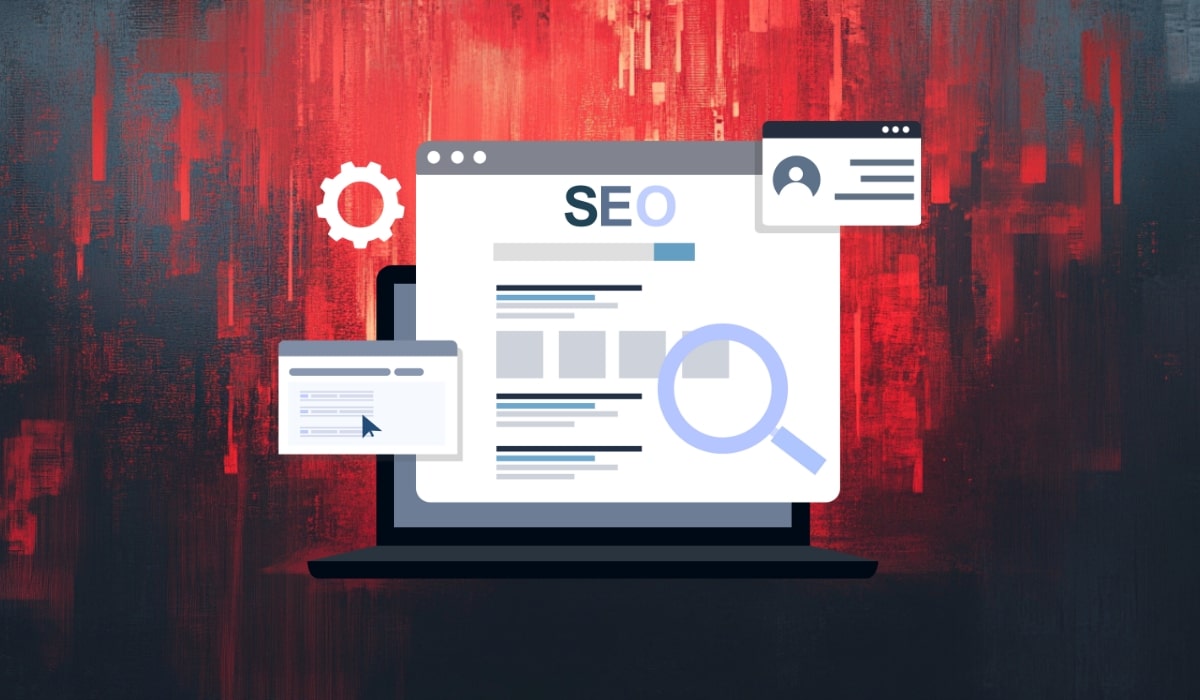 Illustration of a laptop screen displaying SEO content with magnifying glass, gear icon, and user interface elements, set against a red digital background