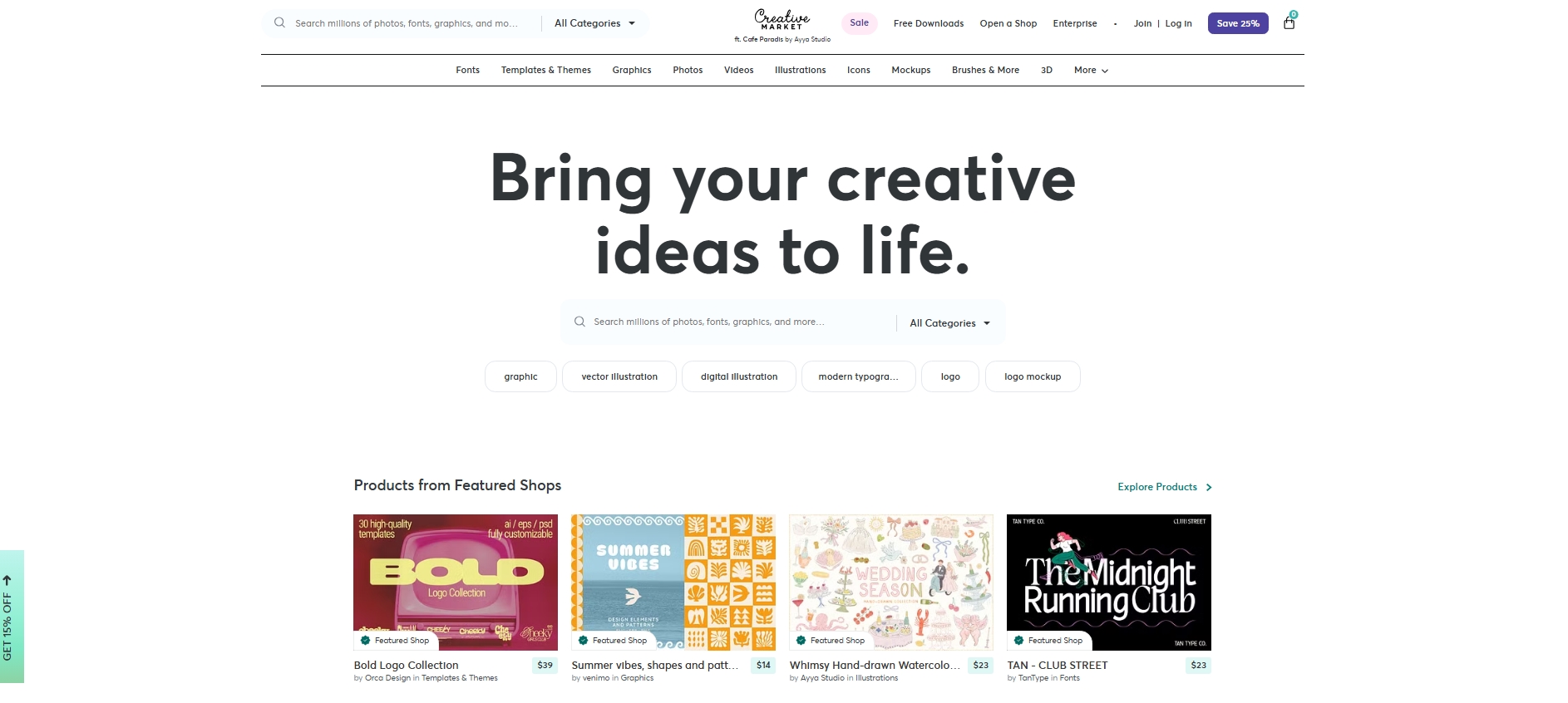 Creative Market homepage highlighting creative resources like fonts, illustrations, templates, and graphics