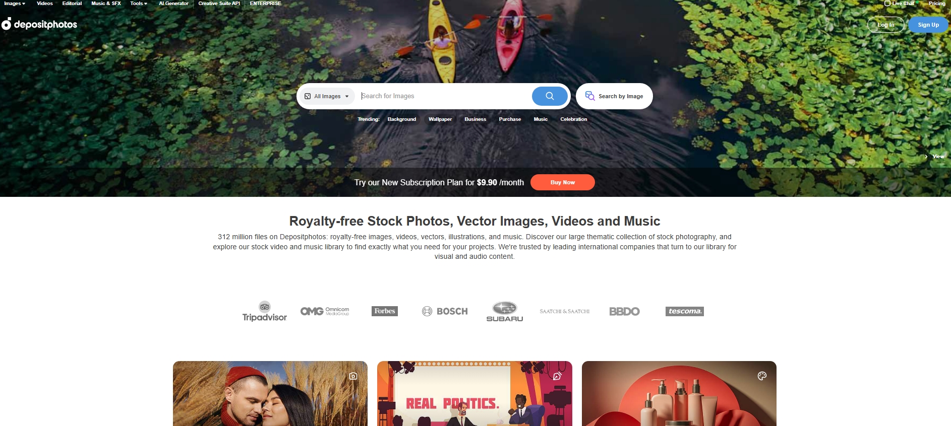 Depositphotos homepage with search bar, subscription offer, and featured media categories