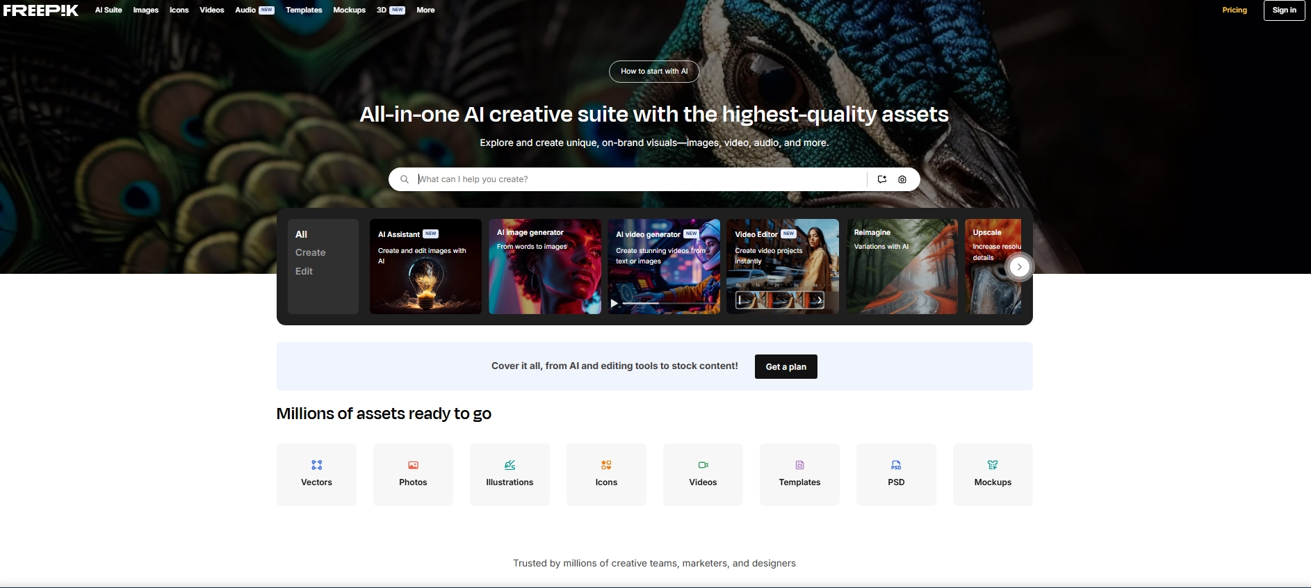 Freepik homepage displaying AI creative suite and asset categories like vectors, photos, and templates