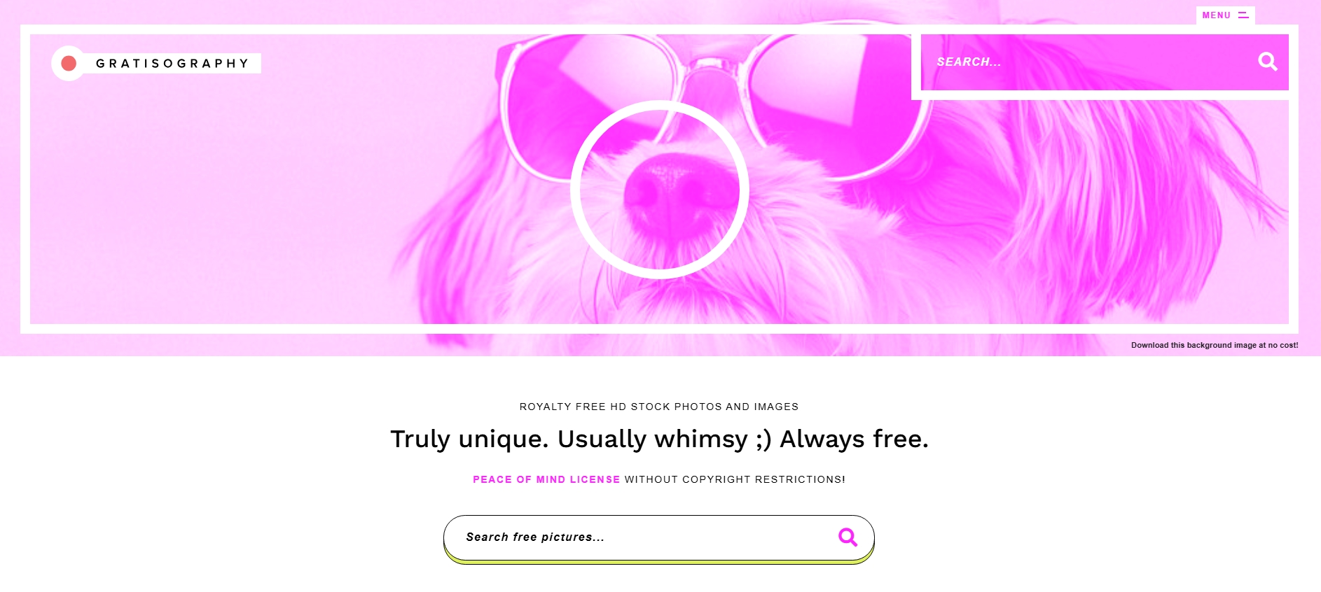 Gratisography homepage showing a vibrant pink-tinted image of a dog wearing sunglasses and a playful search bar