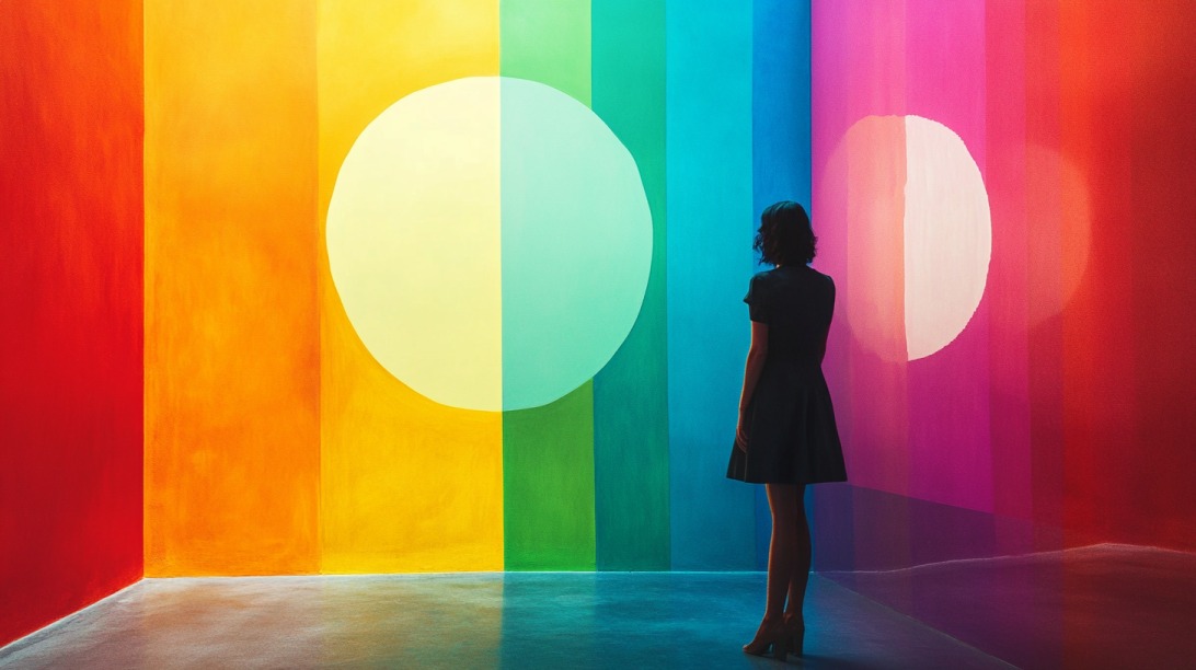 A woman in a black dress stands in a vividly colored room with rainbow panels and large white circles on the walls