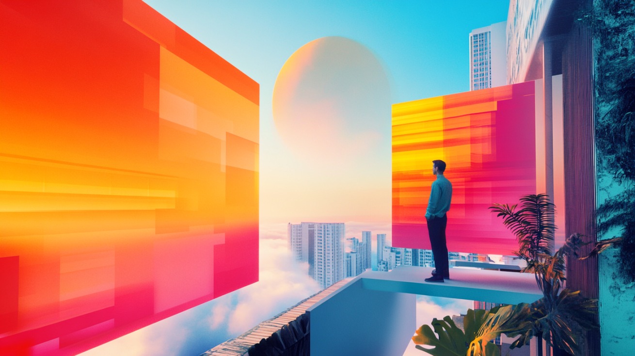 A man stands on a futuristic balcony overlooking a city with vibrant digital panels, symbolizing content visibility and standout digital strategy