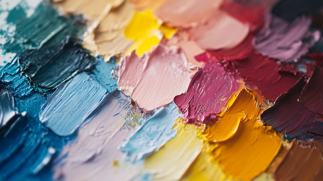 Close-up of textured oil paint swatches in various colors, blended on a palette