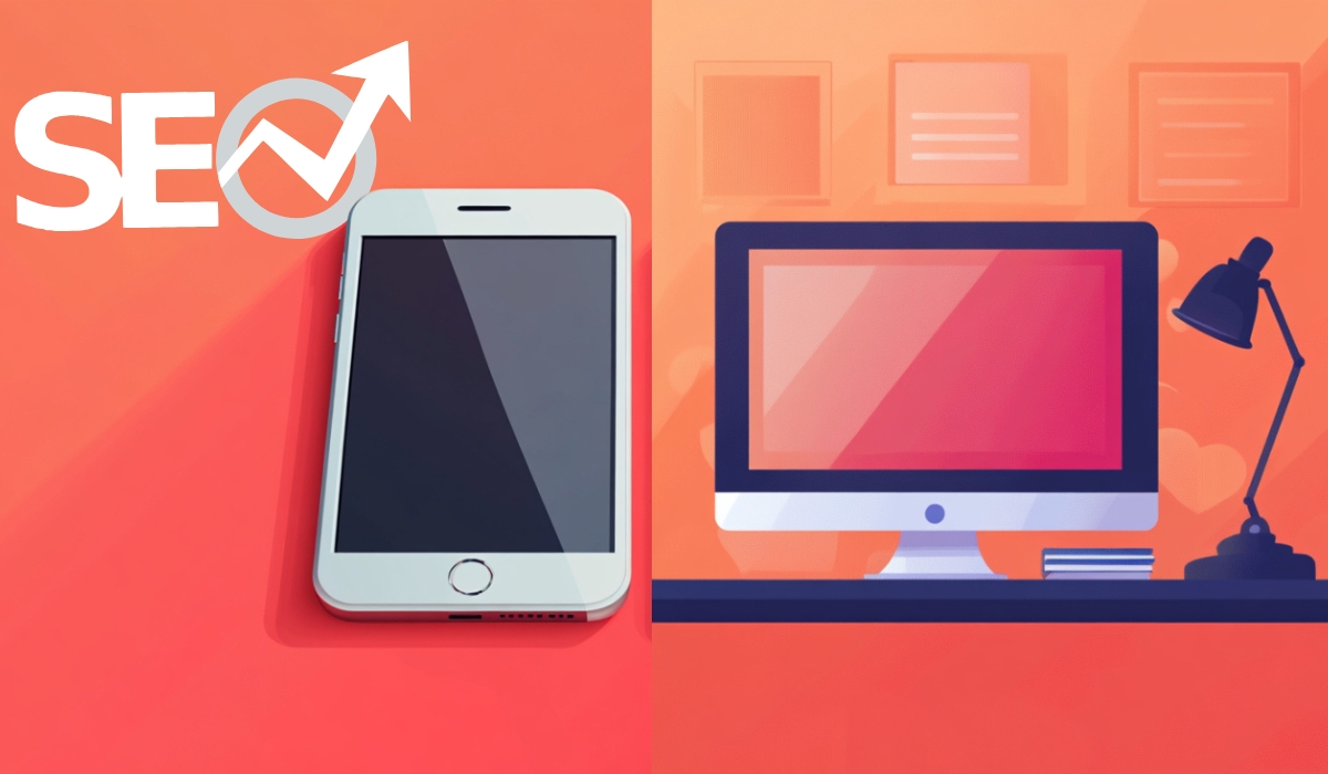 Split image showing a smartphone on the left and a desktop computer on the right, with an upward-trending SEO graphic
