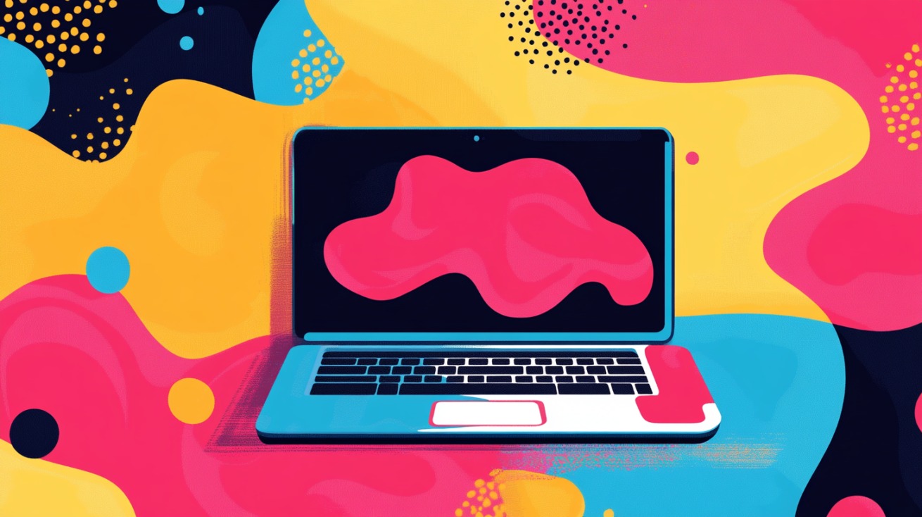 Colorful abstract illustration of a laptop surrounded by vibrant shapes and design elements