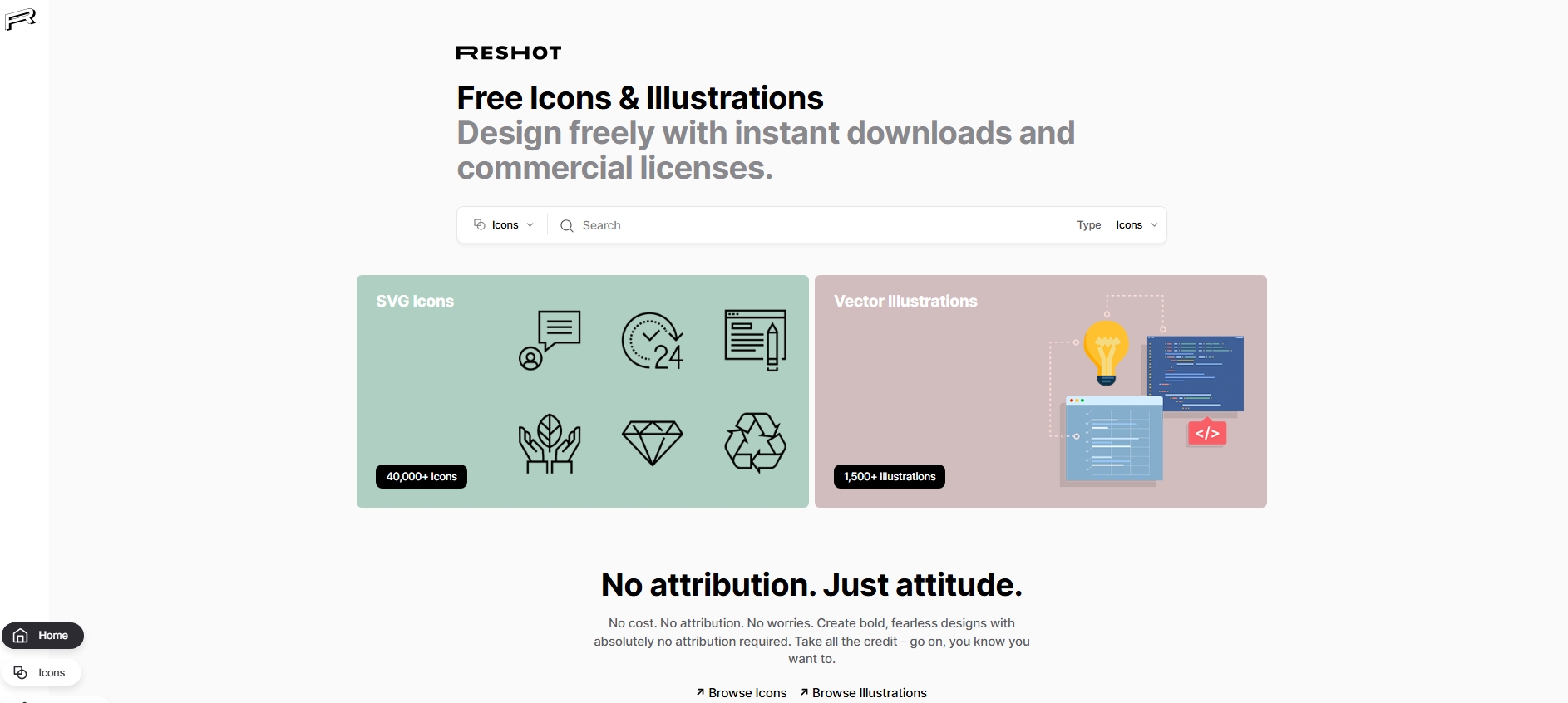Reshot homepage displaying SVG icons and vector illustrations with a clean white background and simple layout