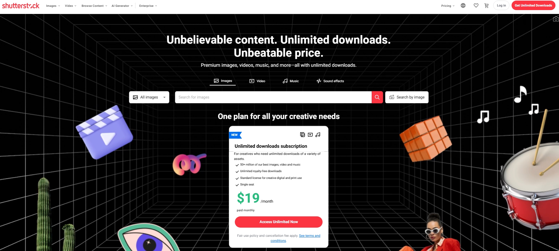 Shutterstock homepage showcasing unlimited image downloads subscription for $19/month
