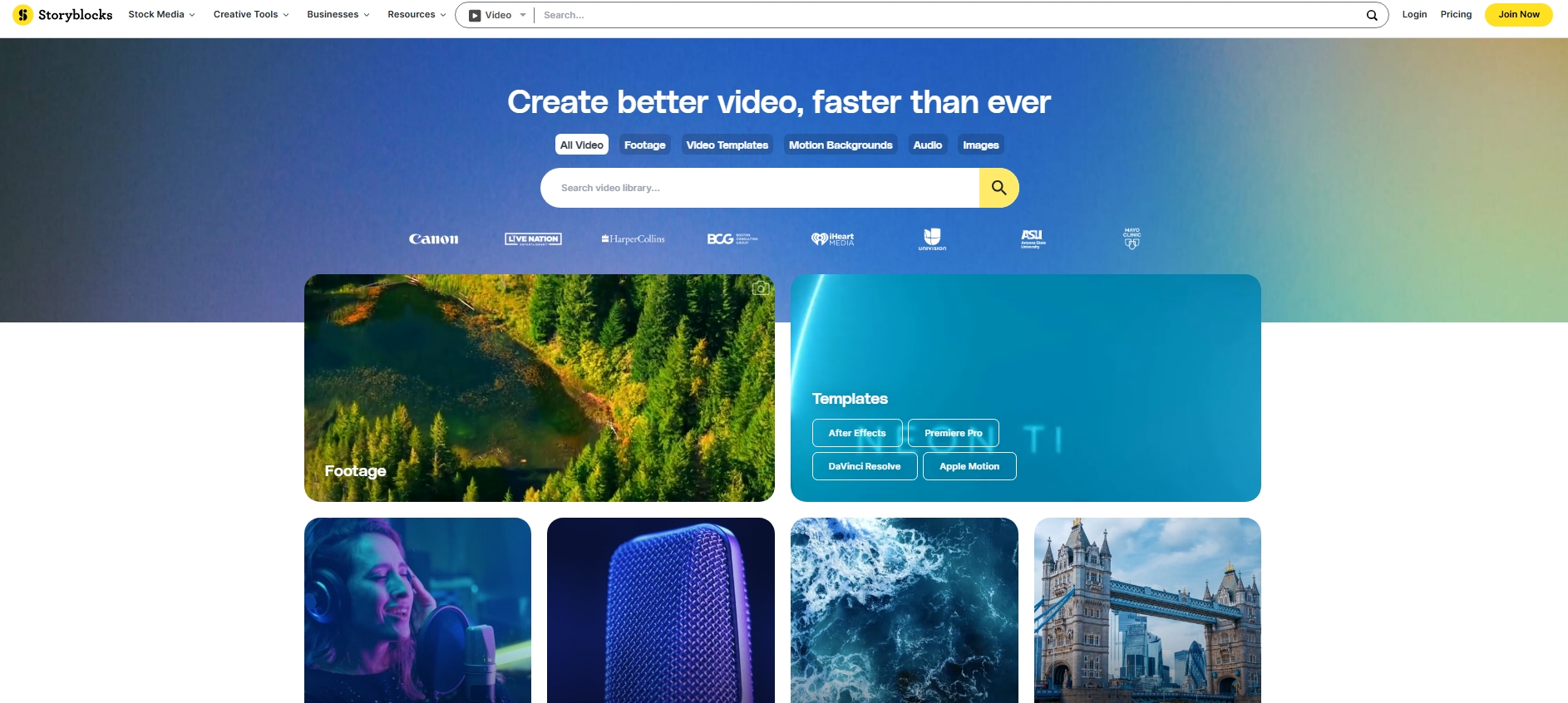 Storyblocks homepage showcasing stock footage, audio, and video editing templates with a vibrant search interface