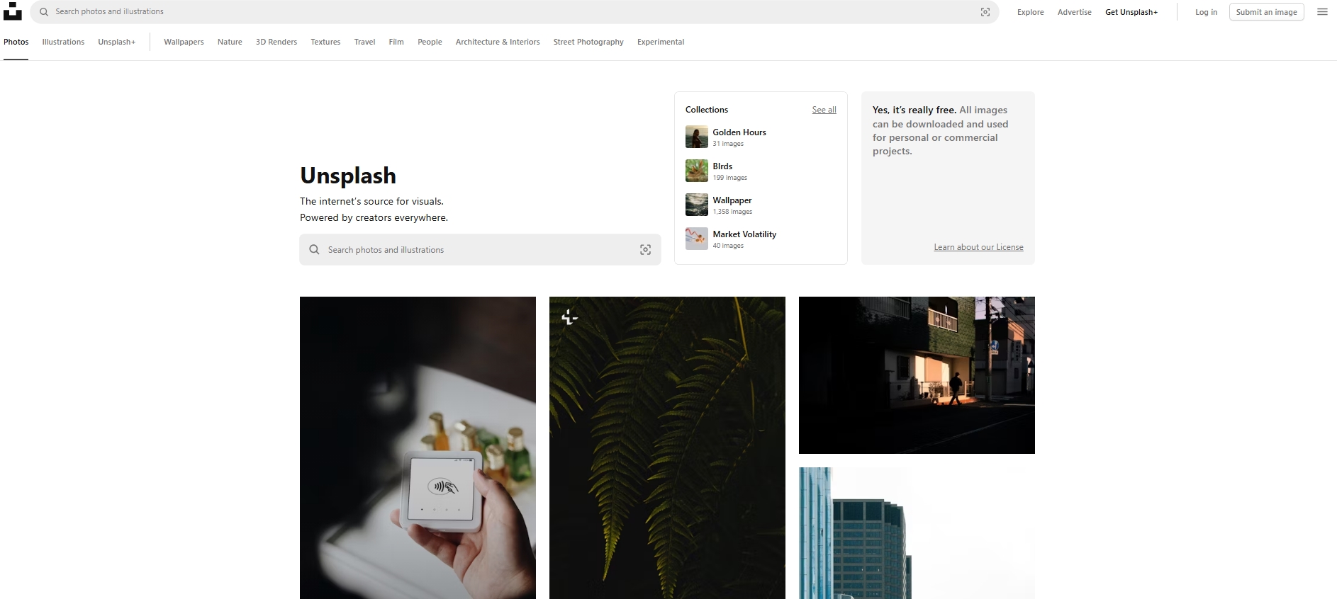 Unsplash homepage displaying freely available image collections and search bar