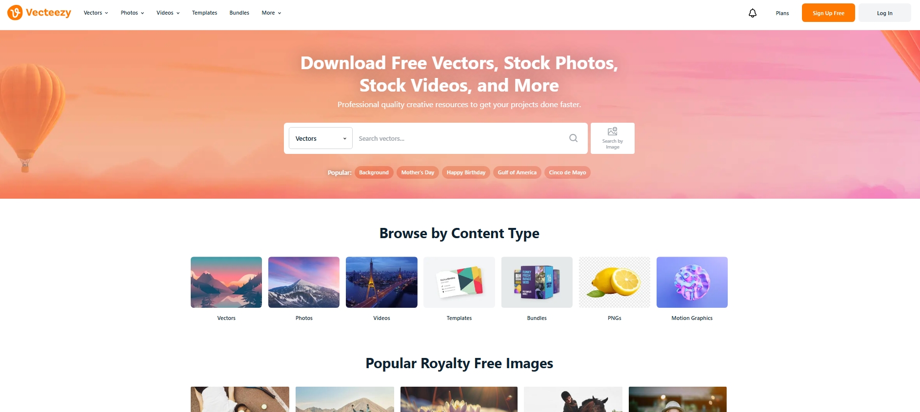Vecteezy homepage showing search bar and categories for vectors, photos, videos, and templates