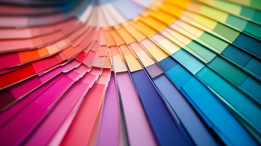 Fan of colorful paint swatches arranged in a gradient from warm to cool tones