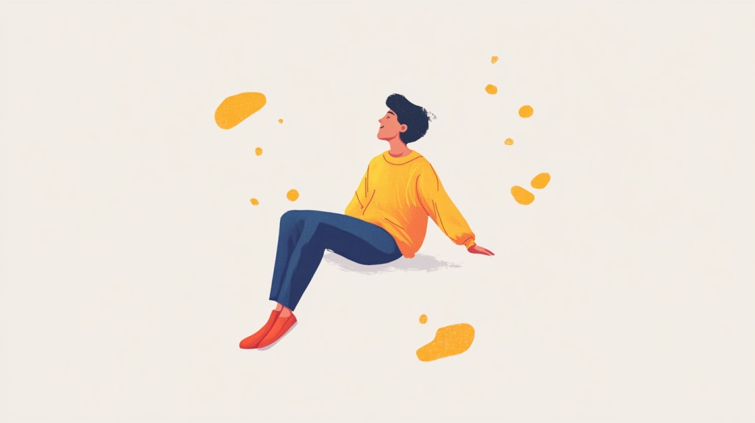 Minimalist illustration of a person in a yellow sweater sitting with orange and yellow abstract shapes around them on a cream background