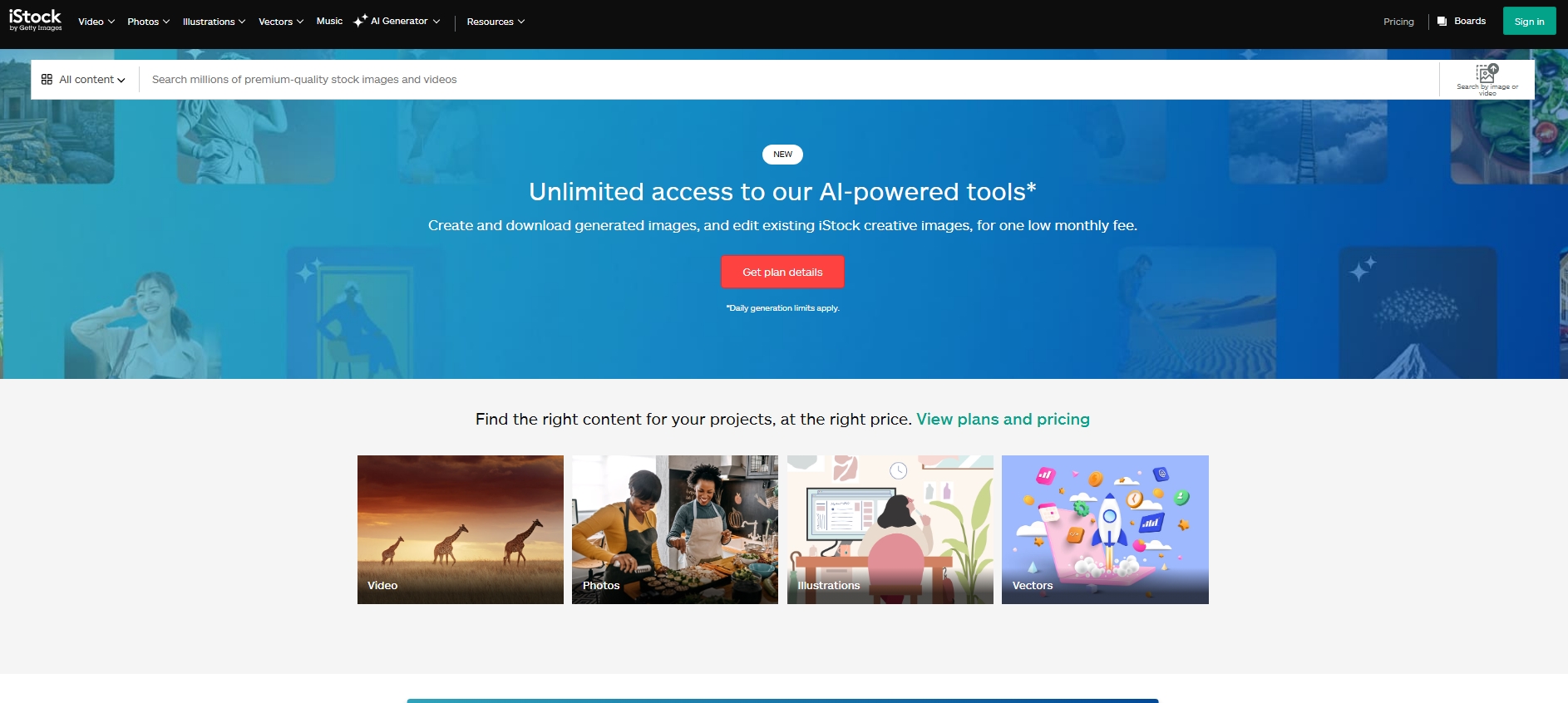 iStock homepage with AI-powered tools banner, stock content categories, and search bar