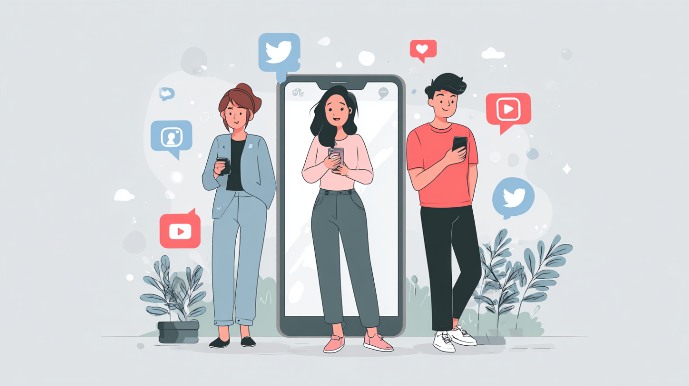 Three people using smartphones with social icons around them, showing key shifts in social media marketing