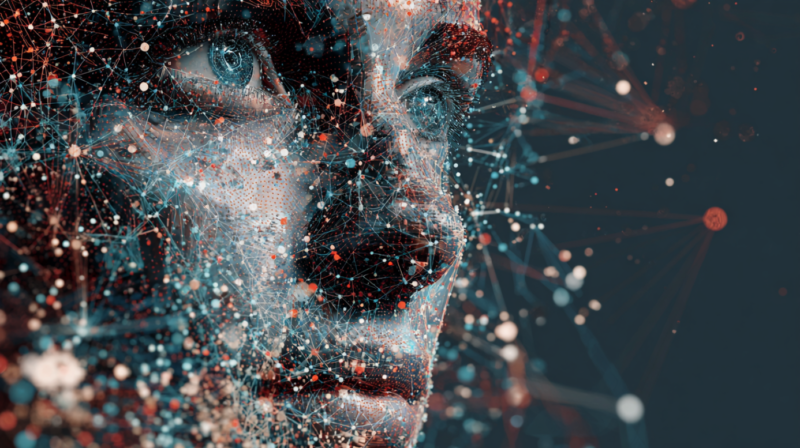 Digital face made of data points showing generative AI in social media marketing