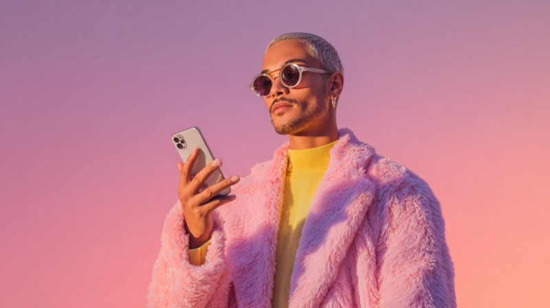 A person with bleached hair, sunglasses, and a pink fuzzy coat holds a phone against a gradient pink and orange sky