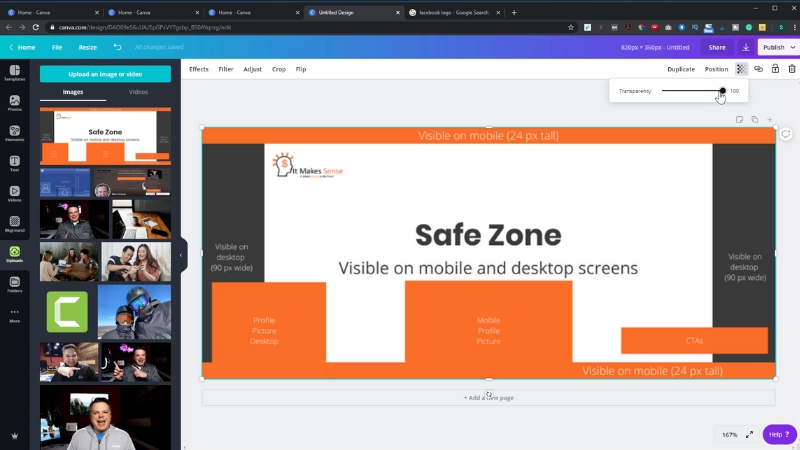 A Facebook cover photo template in Canva showing the safe zone for mobile and desktop