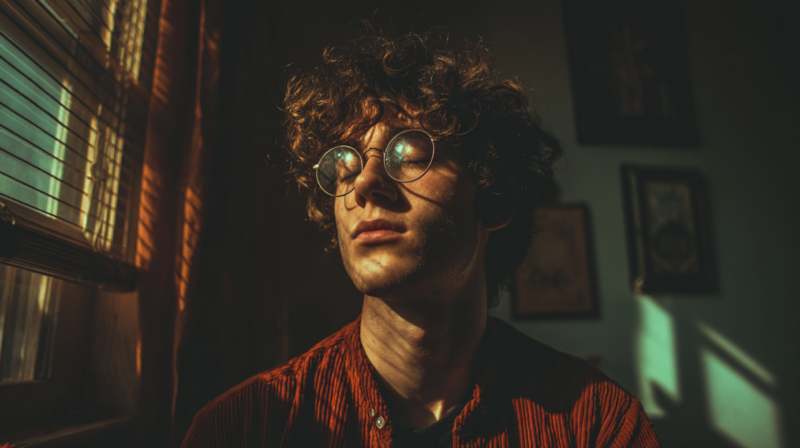 A thoughtful-looking person with curly hair and glasses gazes out a window, illuminated by sunlight streaming through blinds