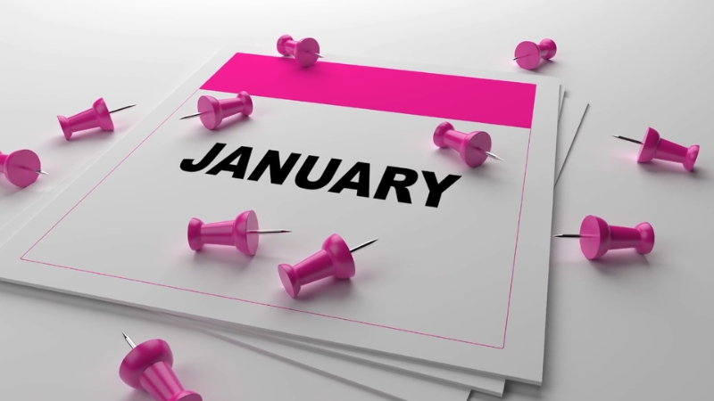 A stack of calendar pages showing January with several pink push pins scattered around
