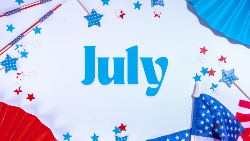 Red, white, and blue stars and flags surround the word July on a festive background