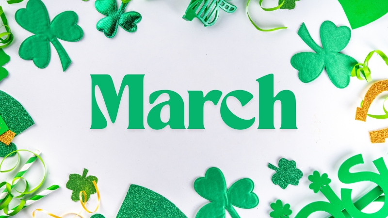 Green shamrocks and party decorations surround the word March on a white background
