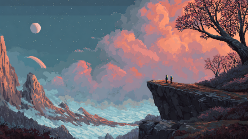 Two characters stand on a cliff under a sky filled with stars, pink clouds, and planets in a detailed pixel art landscape