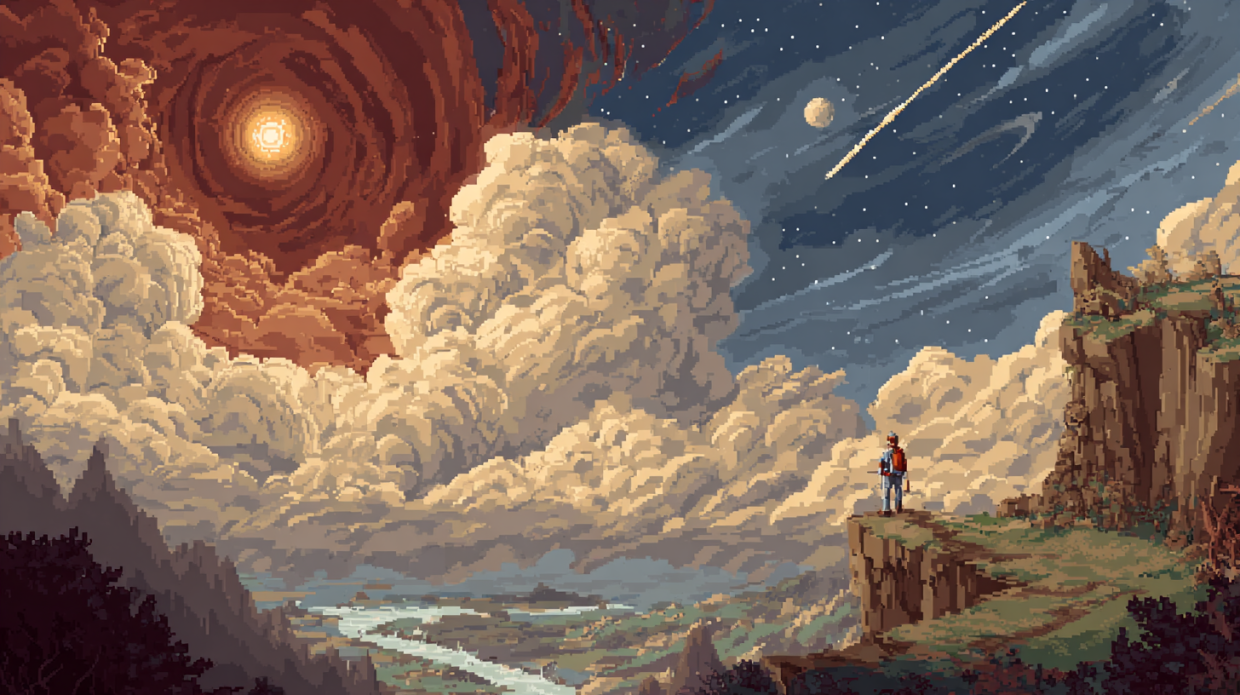 A character on a cliff watches pixel art skies in indie game design