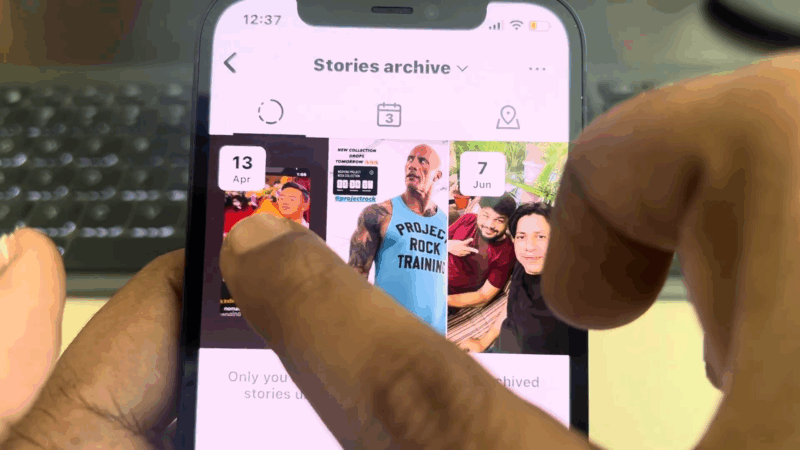 A person selects an old Story on Instagram from the Stories archive to repost