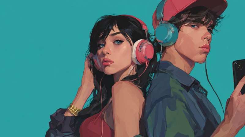 A stylish digital illustration of a girl with headphones glancing back and a boy with headphones looking at his phone