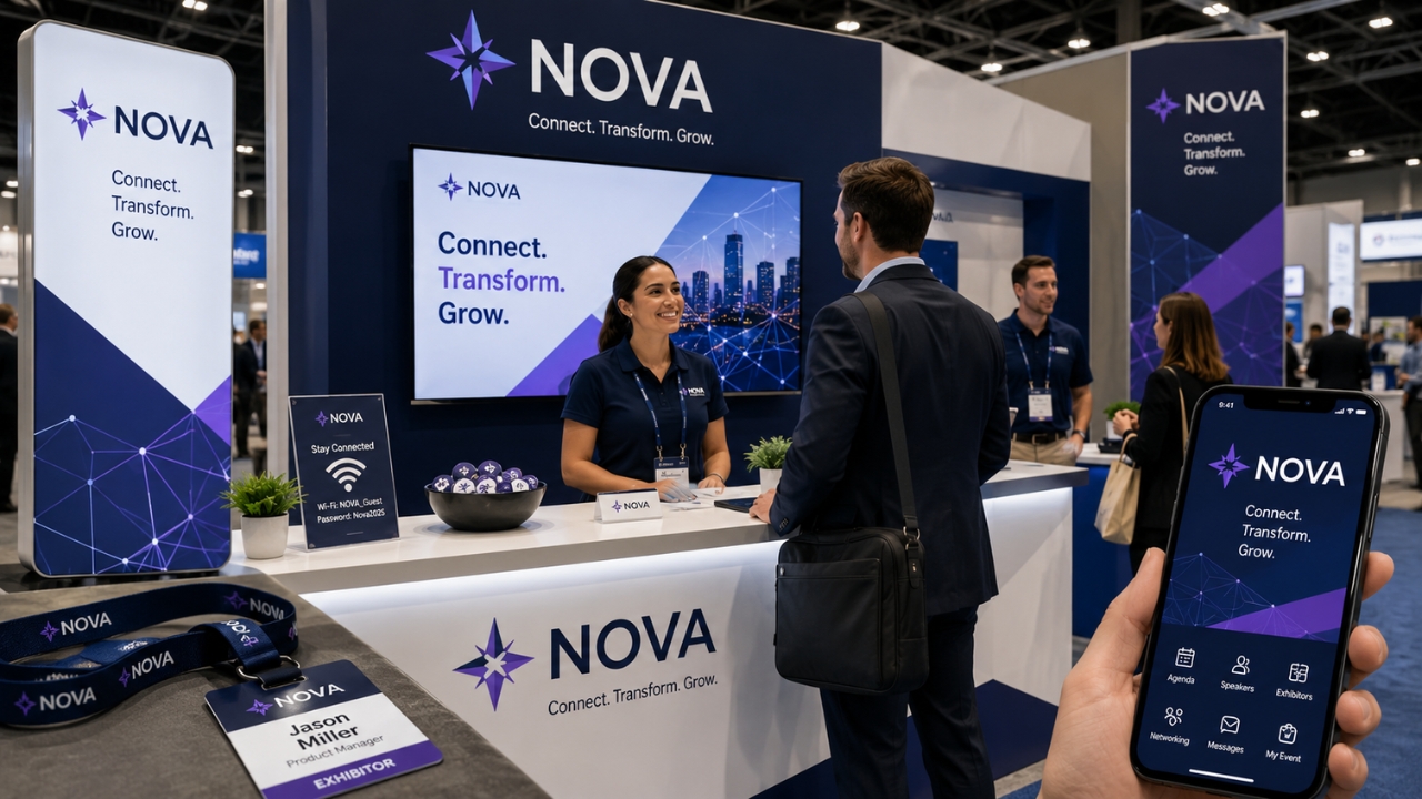 Nova trade show booth with the same logo on signs, staff uniforms, badges, and event app