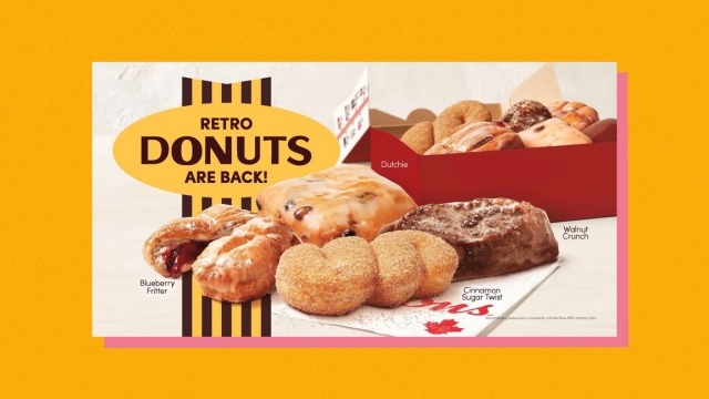 Retro donuts ad featuring Blueberry Fritter, Cinnamon Sugar Twist, Dutchie, and Walnut Crunch