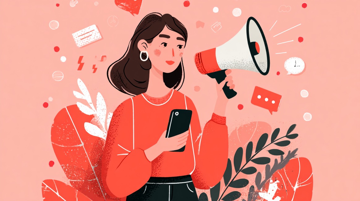 Illustration of a woman holding a phone and megaphone surrounded by icons