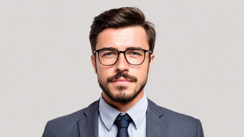 Man wearing a suit and glasses for a clean, professional profile photo