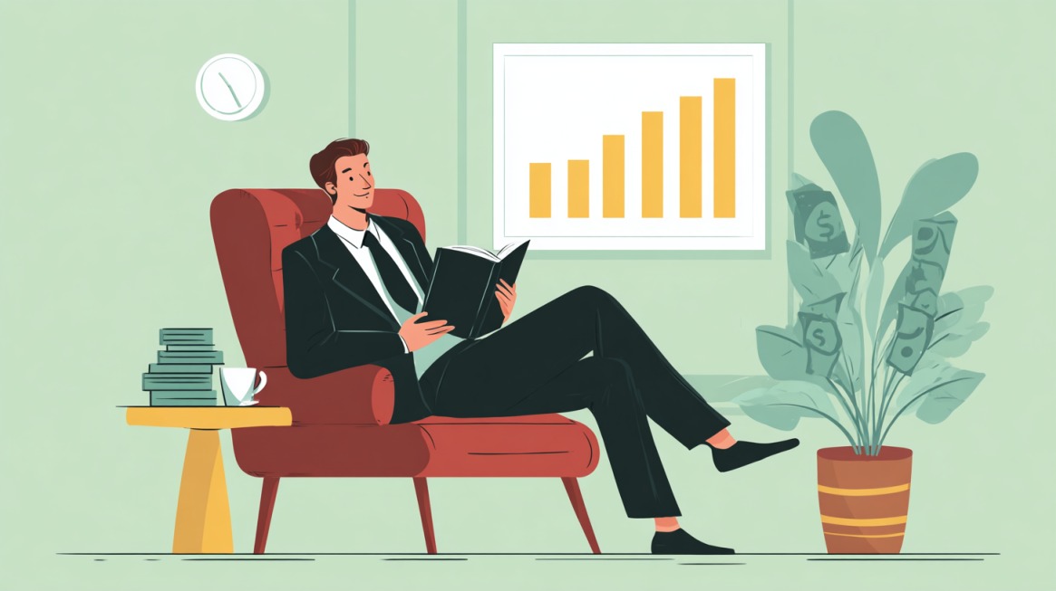 Illustration of a businessman reading in a chair with a growth chart behind him