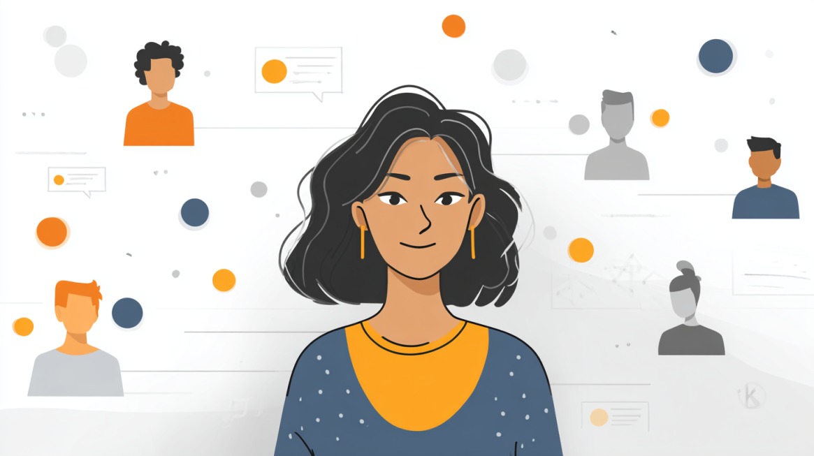 Illustration of a woman surrounded by icons representing personalized customer communication