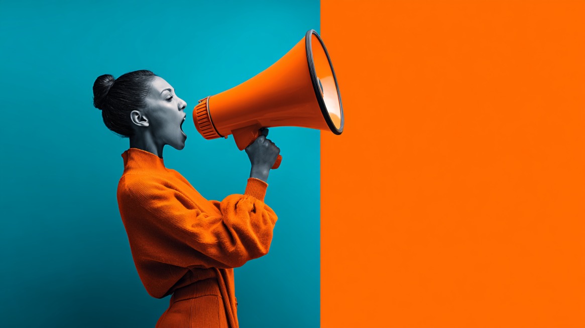 Woman shouting into an orange megaphone against a split teal and orange background