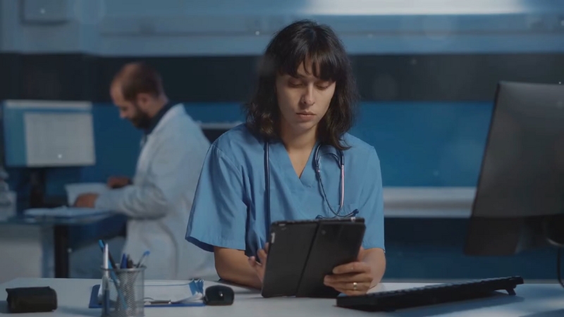 Healthcare staff review patient records on a tablet at a digital workstation