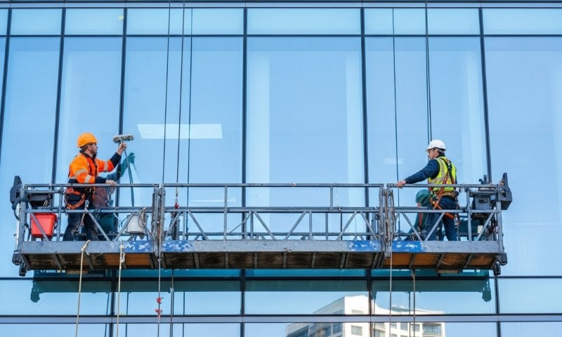 Two workers on a platform performing construction tasks on a building under a clear blue sky