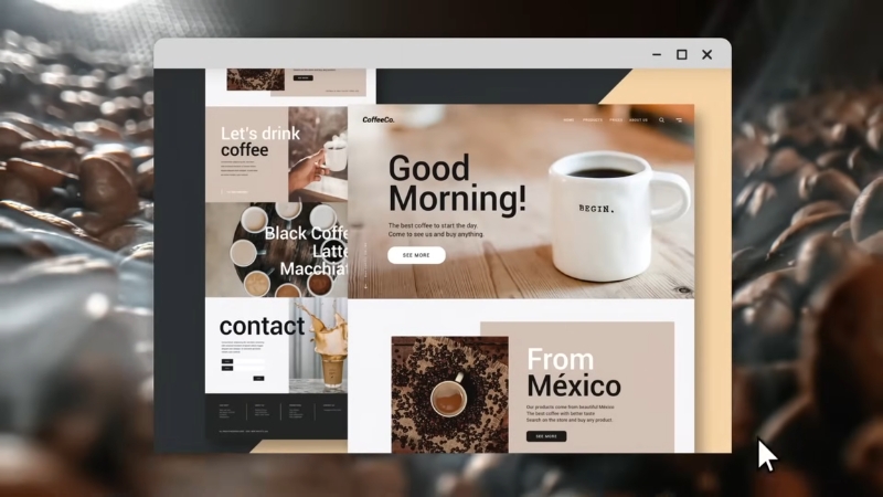 Website mockup with coffee-themed visuals and structured layout elements