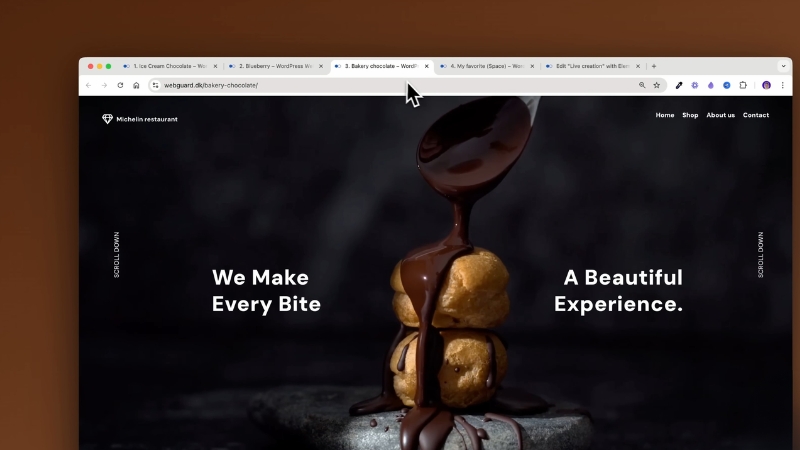 Website landing page with a chocolate dessert hero image and bold headline text