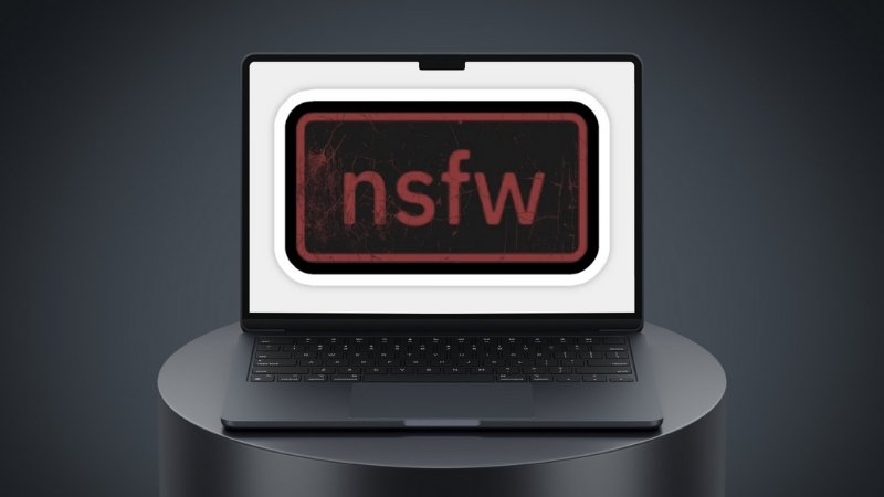 Laptop displaying an NSFW label to highlight compliance rules for adult ad creatives