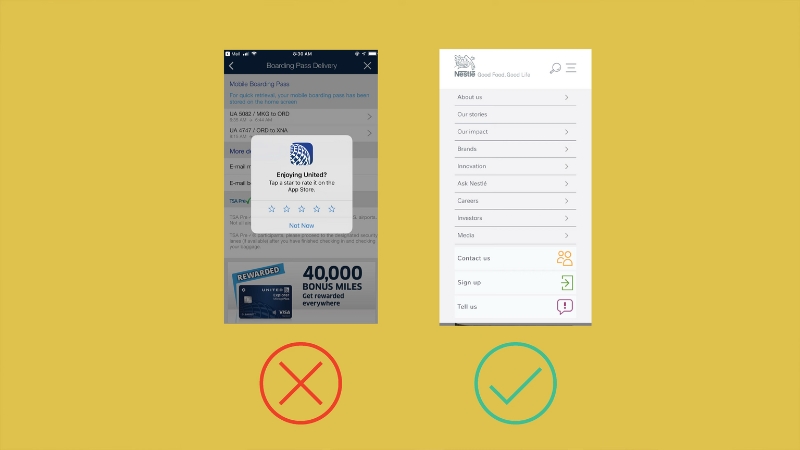 Comparison of an intrusive pop-up blocking content versus a clean menu layout without interruptions