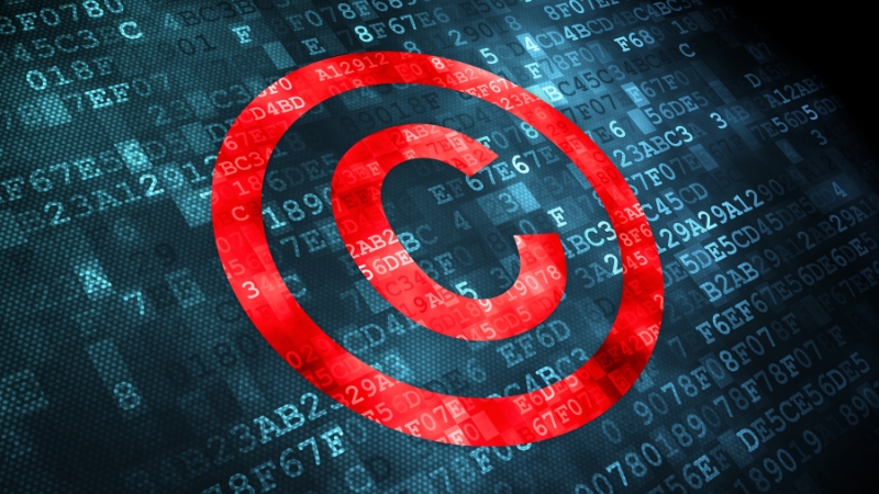 Red copyright symbol over digital code, showing unauthorized use of protected digital content